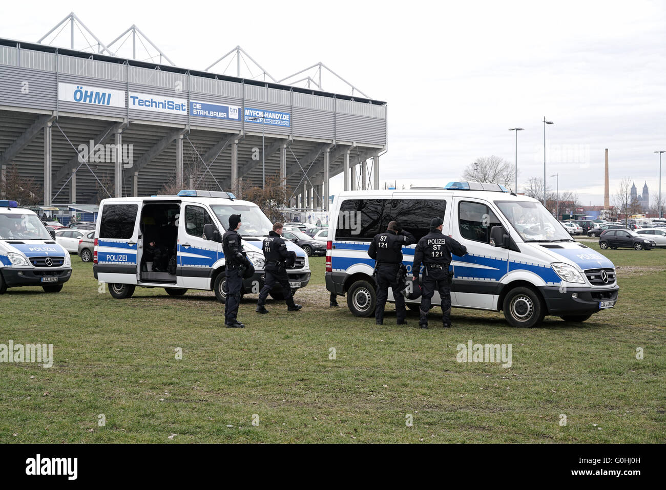 police presence during a football game in Magdeburg Stock Photo