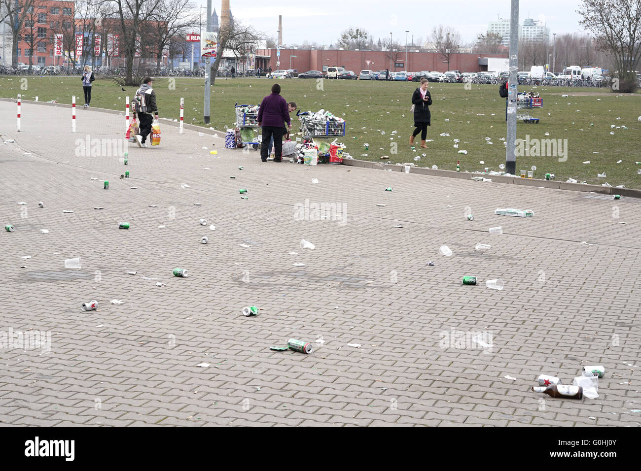 garbage problem in front of a soccer stadium in Magdeburg Stock Photo