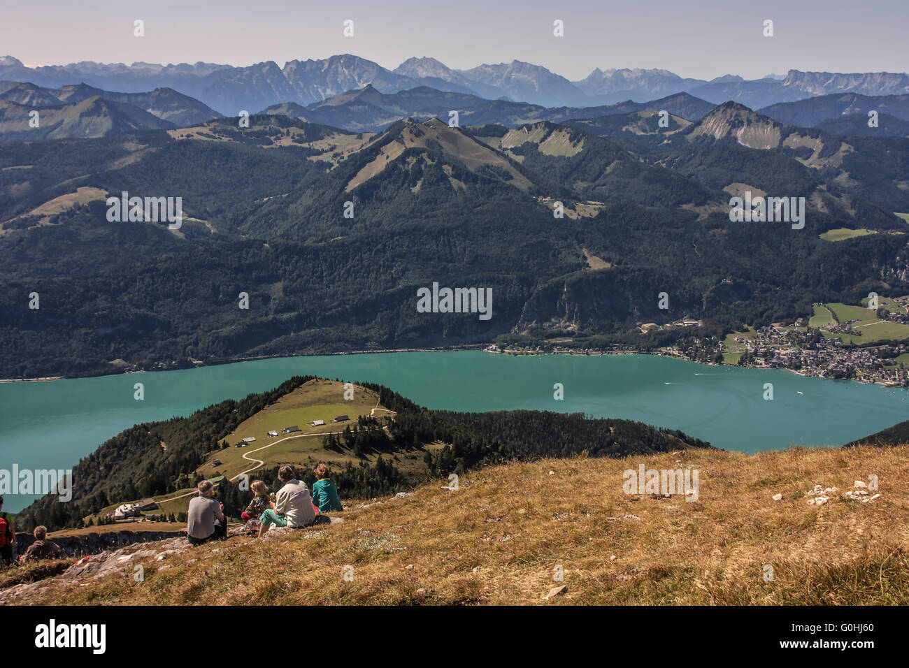View of the mountain Schaf on the Wolfgang's lake and the surrounding mountain landscape Stock Photo