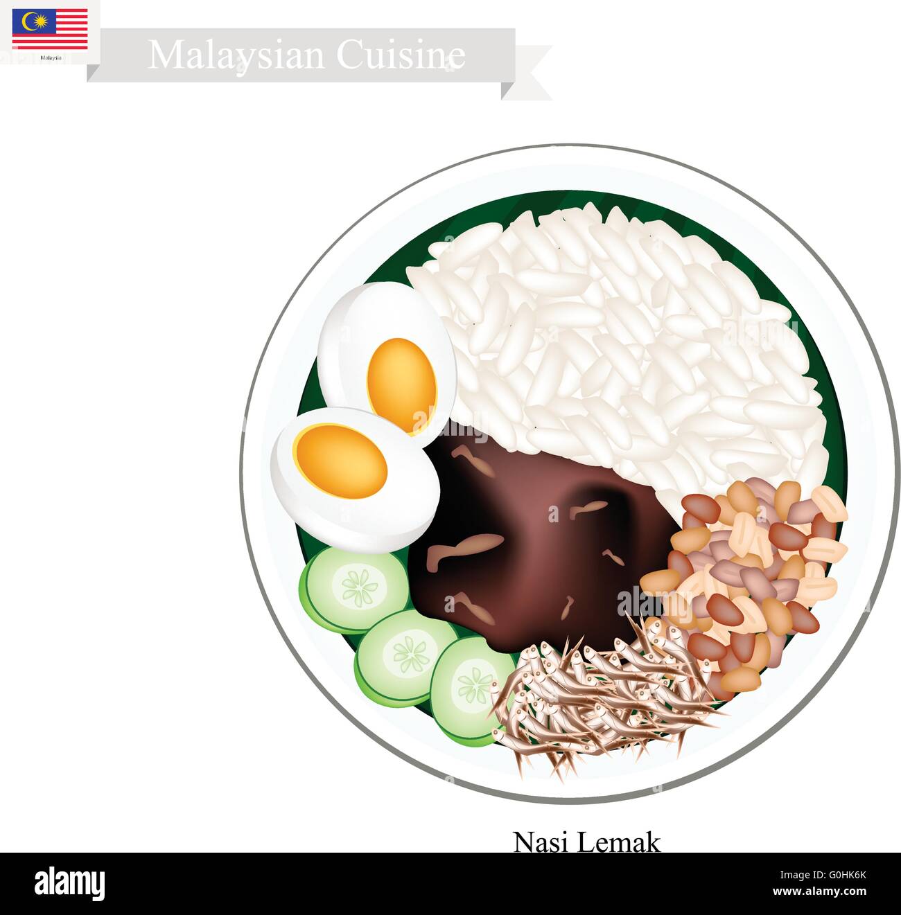 Malaysian Cuisine, Nasi Lemak or Steamed Rice Cooked in Coconut Milk Served with Boil Egg, Anchovies, Peanut and Cucumber, The N Stock Vector