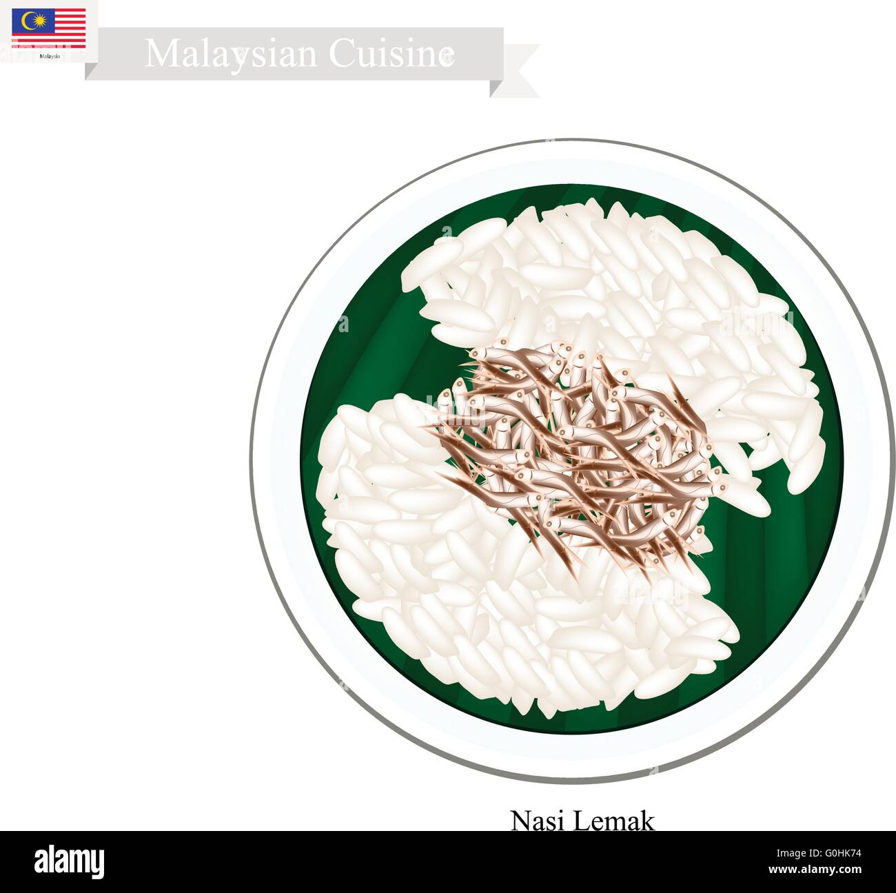 Malaysian Cuisine, Nasi Lemak or Steamed Rice Cooked in Coconut Milk Served with Anchovies, The National Dish of Malaysia. Stock Vector
