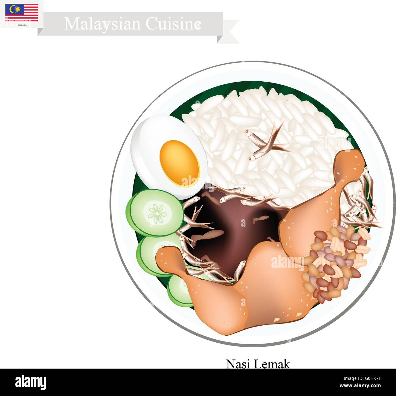 Malaysian Cuisine, Nasi Lemak or Steamed Rice Cooked in Coconut Milk Served with Fried Chicken, Boil Egg, Anchovies, Peanut and Stock Vector