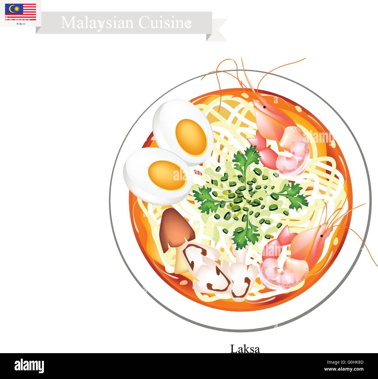 Malaysian Cuisine, Laksa or Traditional Rice Noodle Served in Spicy Soup. One of The Most Popular Dish in Malaysia. Stock Vector