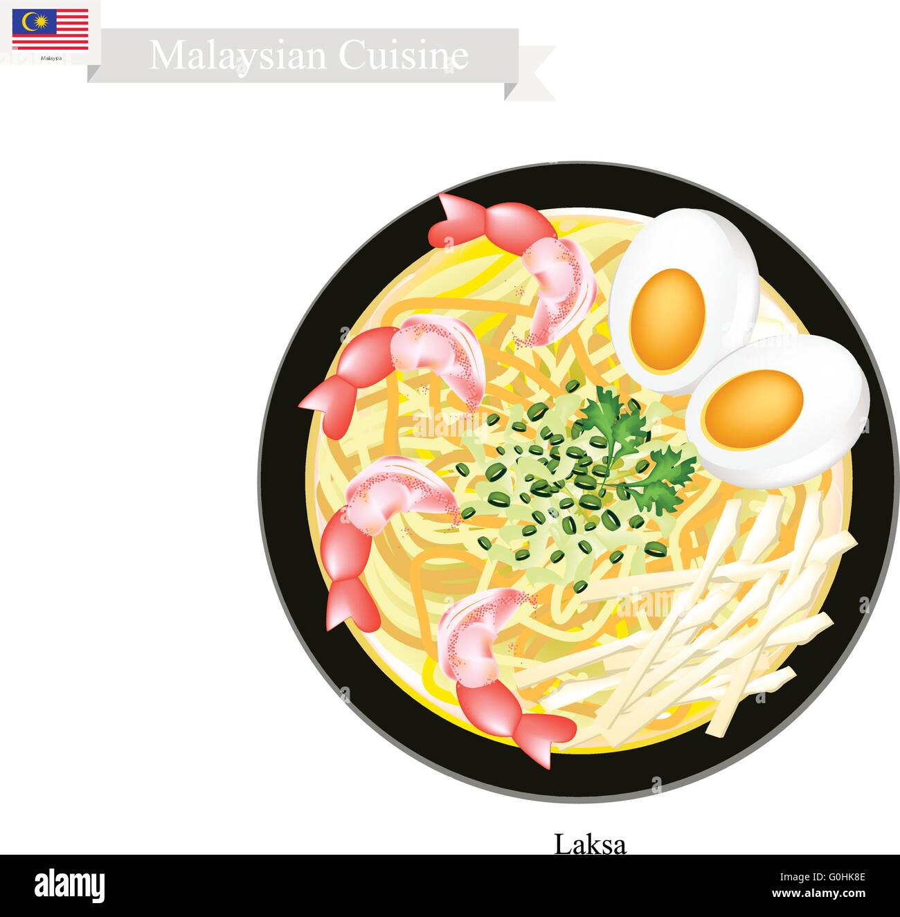 Malaysian Cuisine, Laksa or Traditional Rice Noodle Served in Spicy Curry Soup. One of The Most Popular Dish in Malaysia. Stock Vector