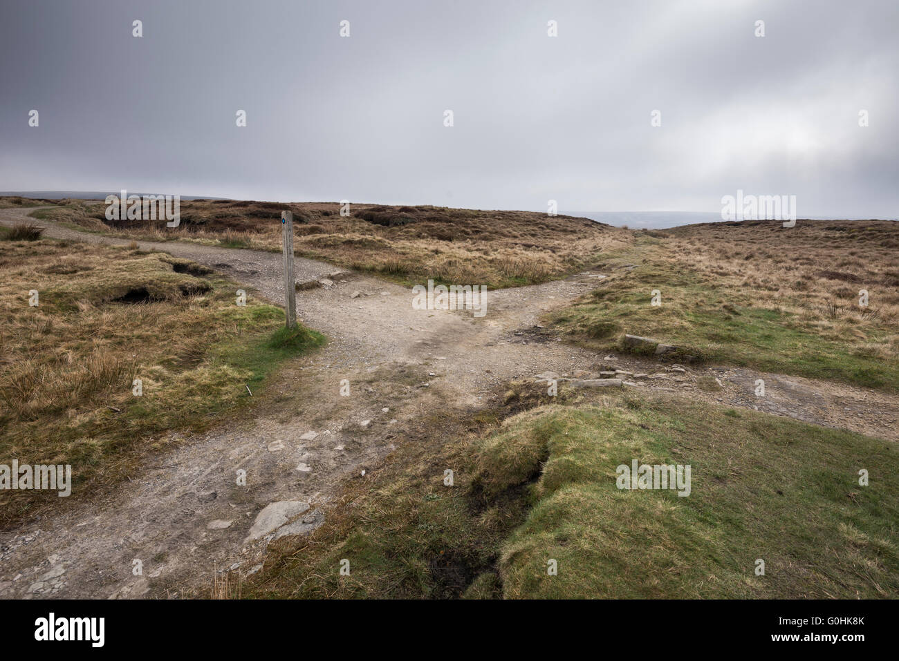 Junction of Doctor's gate and the Pennine way footpaths on the moors of Bleaklow, Derbyshire. Stock Photo