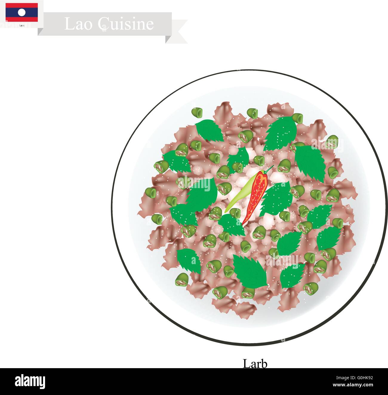 Laos Cuisine, Larb or Traditional Spicy Minced Meat Salad. One of The Most Popular Dish in Laos. Stock Vector