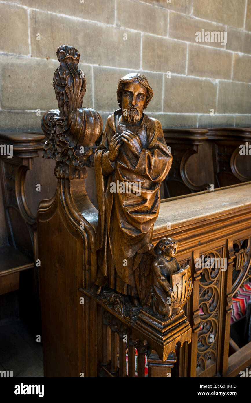 Wooden carvings in the chancel of the Cathedral of the Peak in the village of Tideswell, Derbyshire. Stock Photo