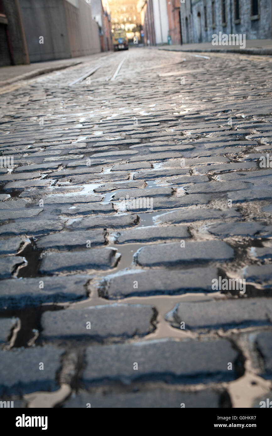 Original Cobblestone streets outside the Guinness Storehouse brewery in Dublin Ireland Stock Photo