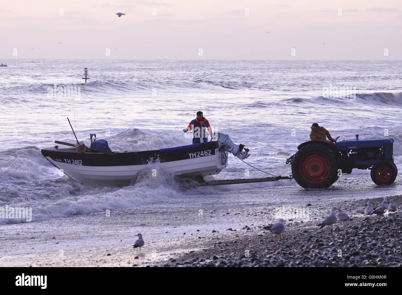 crab boat launching at Cromer, Norfolk UK Stock Photo