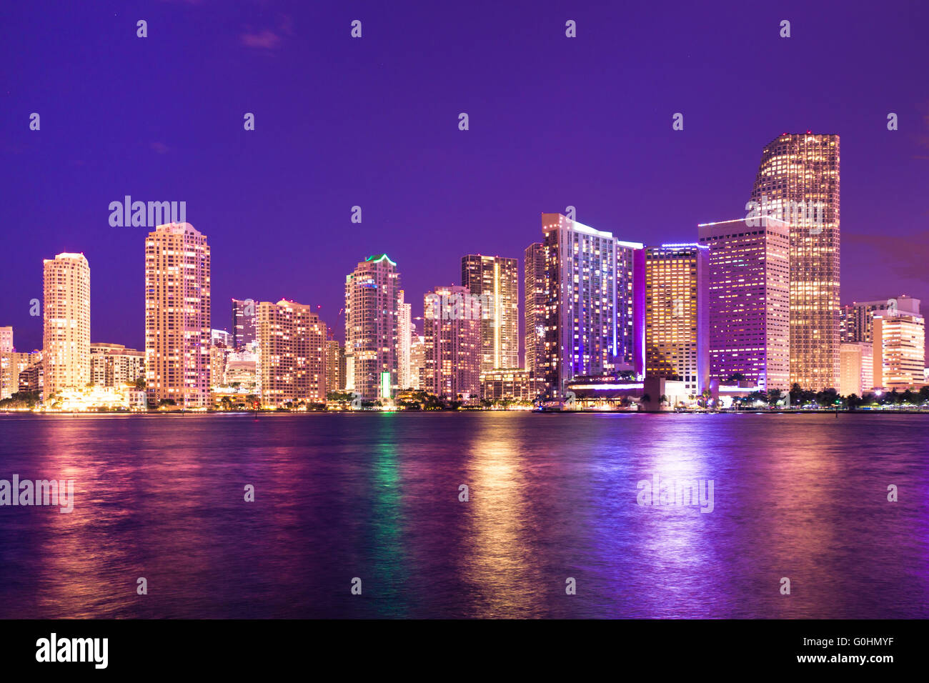 Beautiful Miami Florida skyline with lights at night Stock Photo