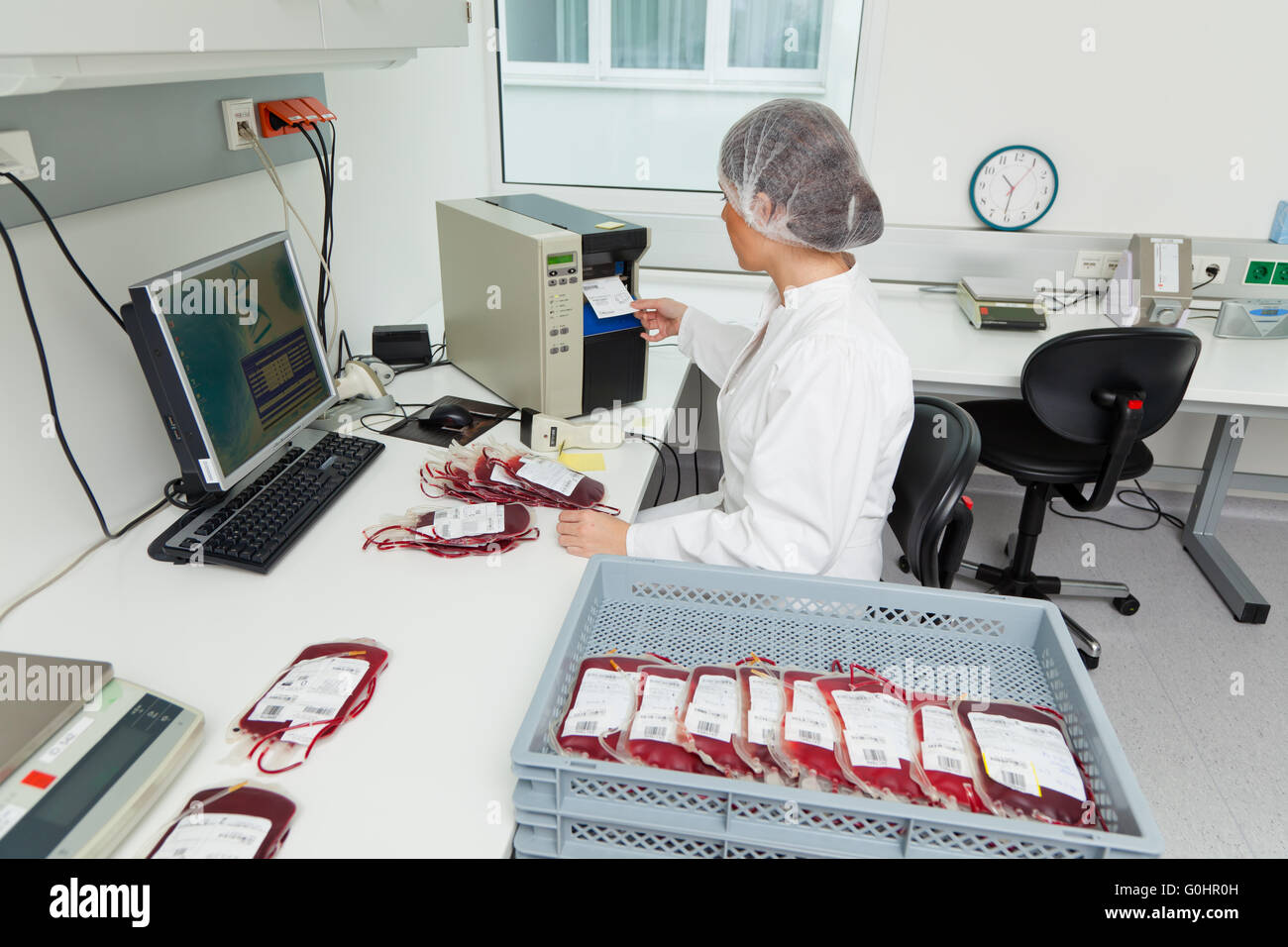 Examination of donor blood in the blood laboratory Stock Photo