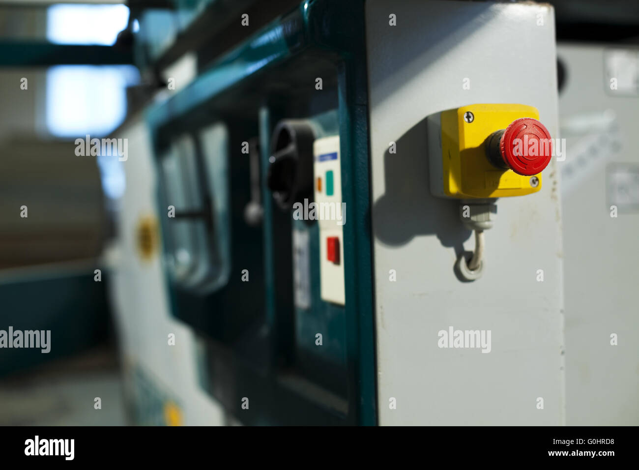 emergency stop button on industrial saw machine Stock Photo Alamy