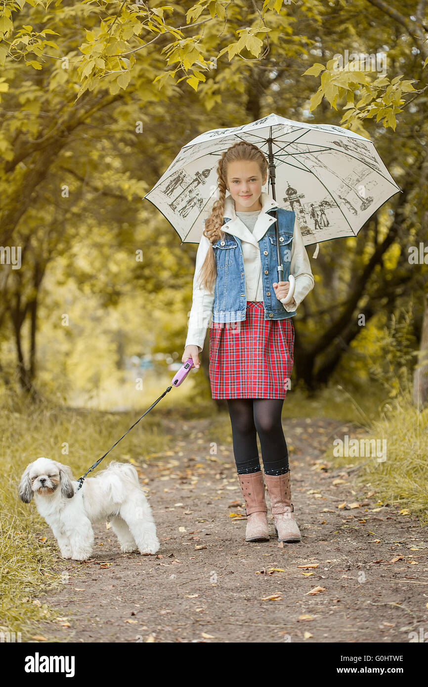 Charming little model posing in park with puppy Stock Photo