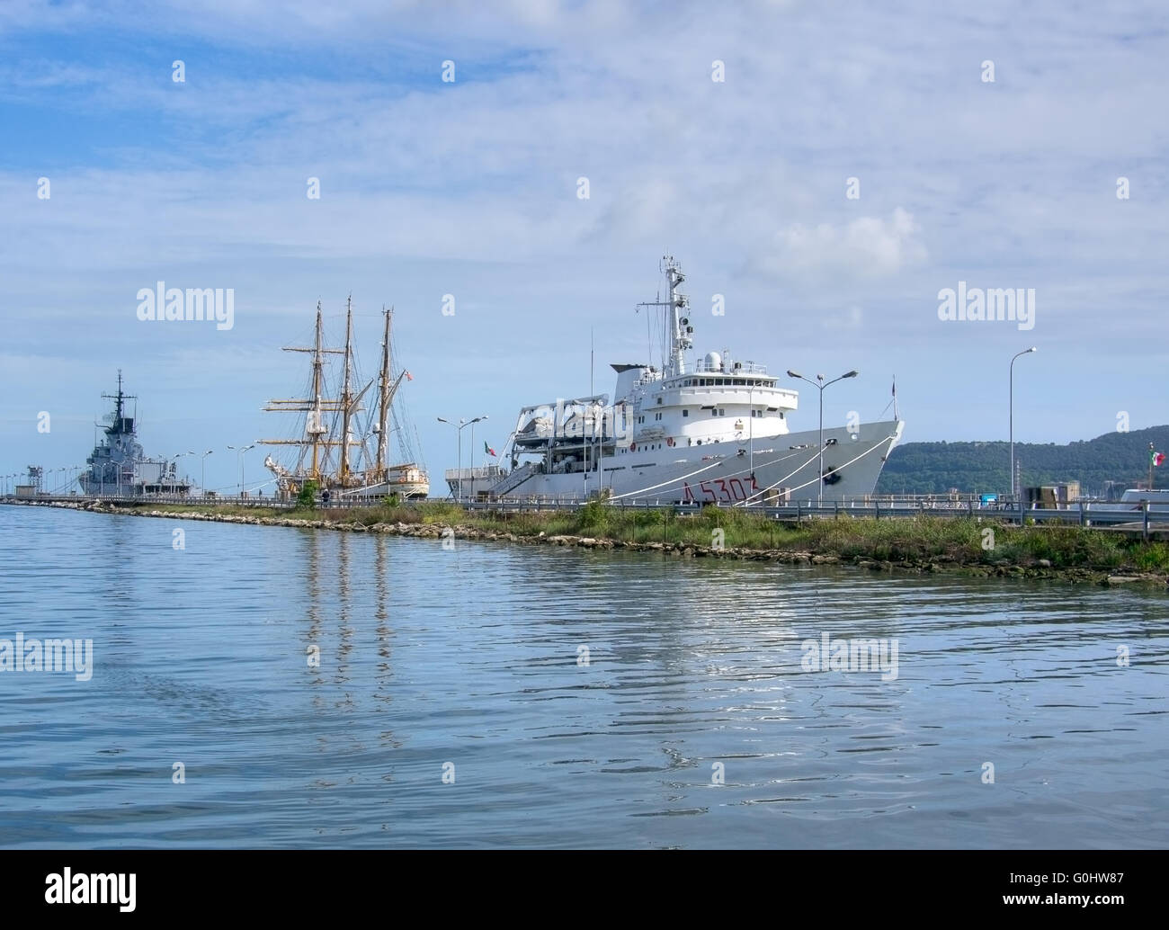 Italian navy in La Spezia, Ligura. Includes the training vess Palinuro. Stock Photo