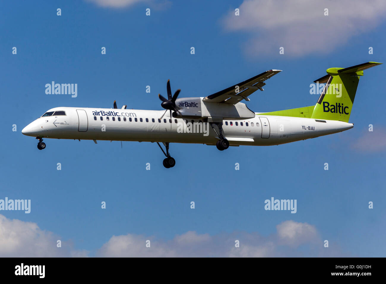 Air Baltic, Bombardier Dash 8-Q402 approaching for landing, Prague, Czech Republic Stock Photo