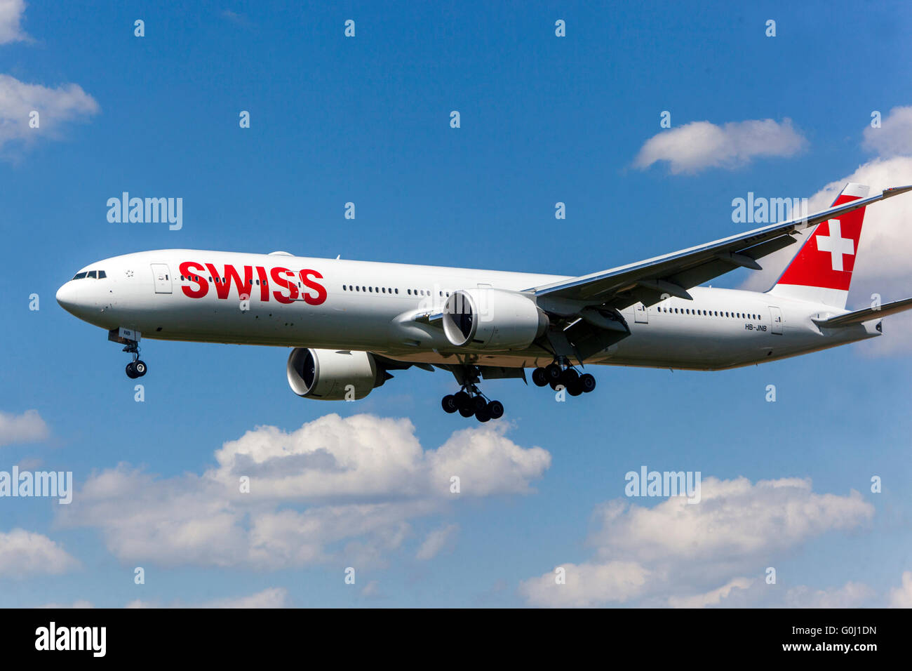 Swiss Air plane landing, Boeing 777 approaching, Prague Stock Photo