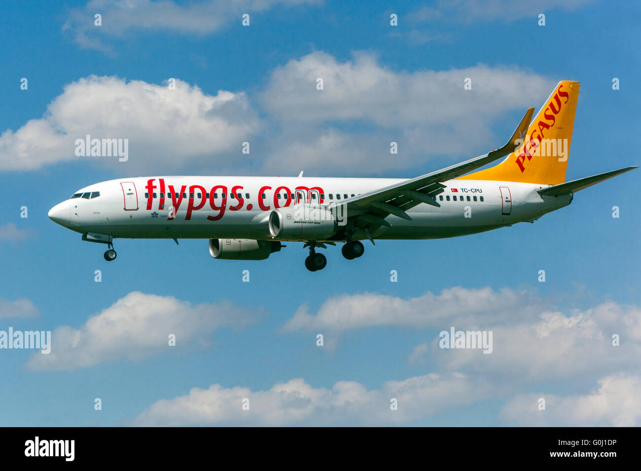 Pegasus, Boeing 737 approaching for landing, Prague, Czech Republic Stock Photo