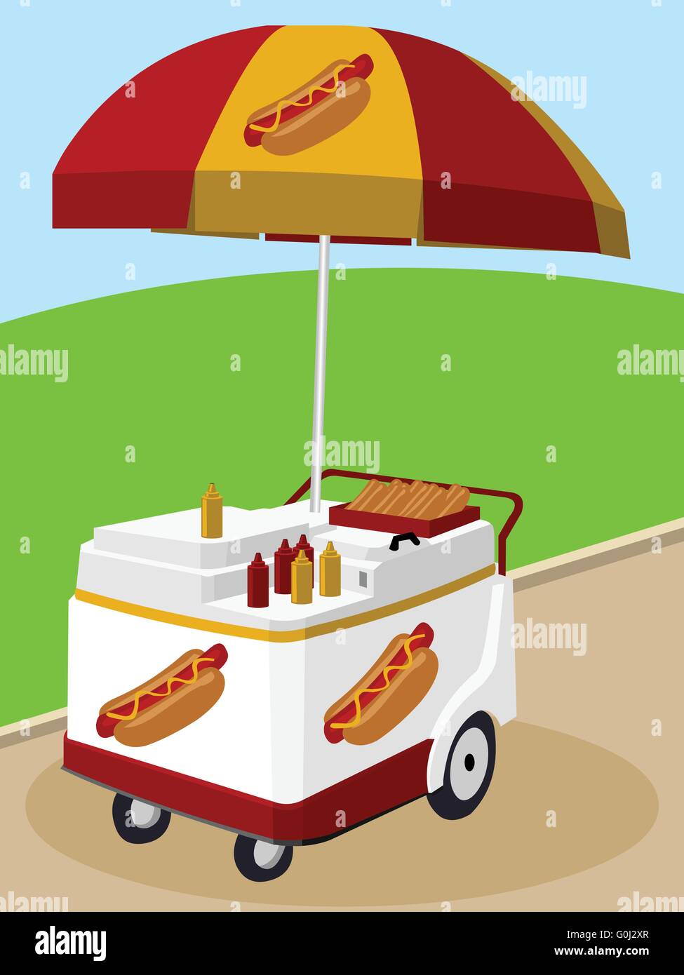 Mobile food umbrella cart vector cartoon hot dog Stock Vector