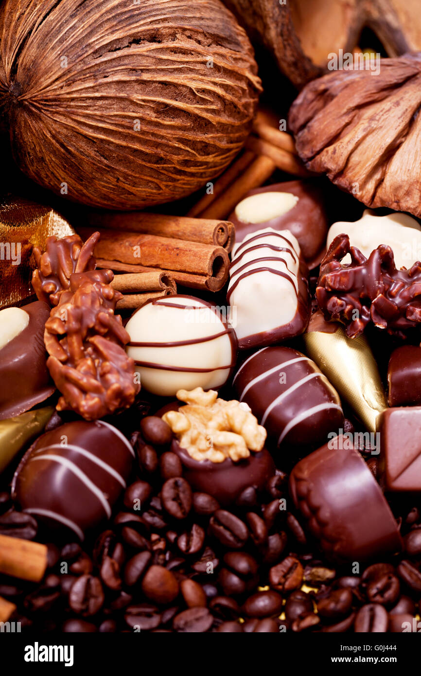 collection of different sweet chocolate pralines Stock Photo