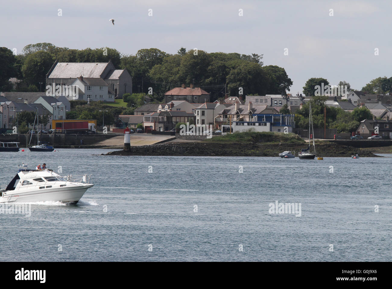 Looking across Strangford Lough (from the Portaferry side) to the village of Strangford,  County Down, Northern Ireland. Stock Photo