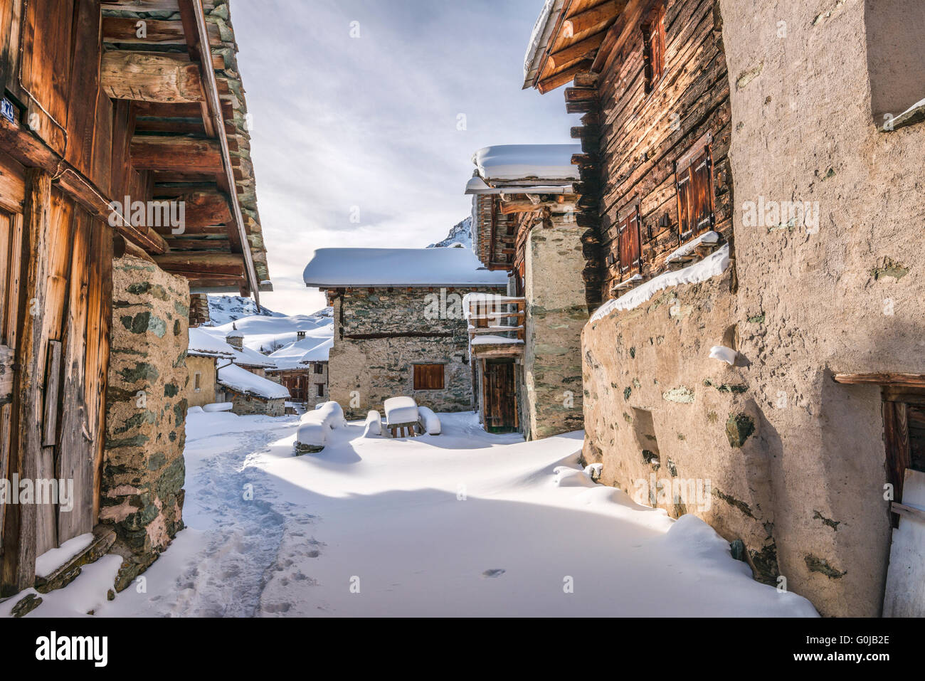 Heidi Village Grevasalvas in Winter, Engadine, Switzerland Stock Photo