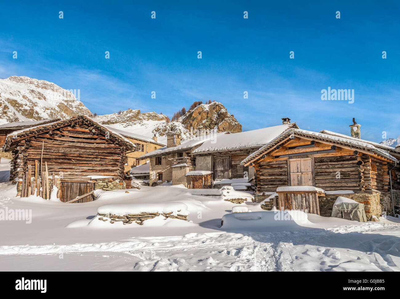 Heidi Village Grevasalvas in Winter, Engadine, Switzerland Stock Photo