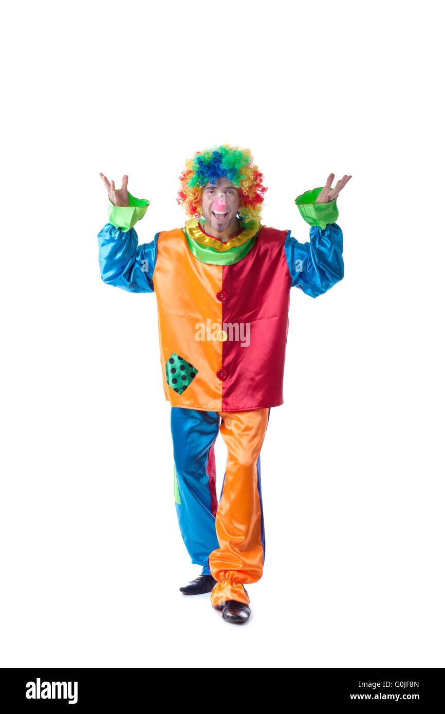 Cheerful clown posing in costume and colorful wig Stock Photo - Alamy