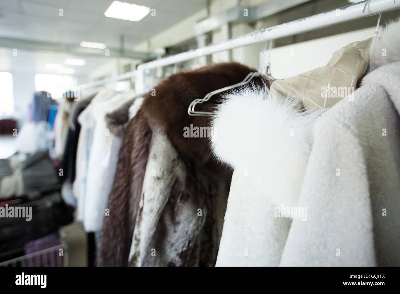 Clean clothes hanging on hangers at dry cleaner's Stock Photo Alamy