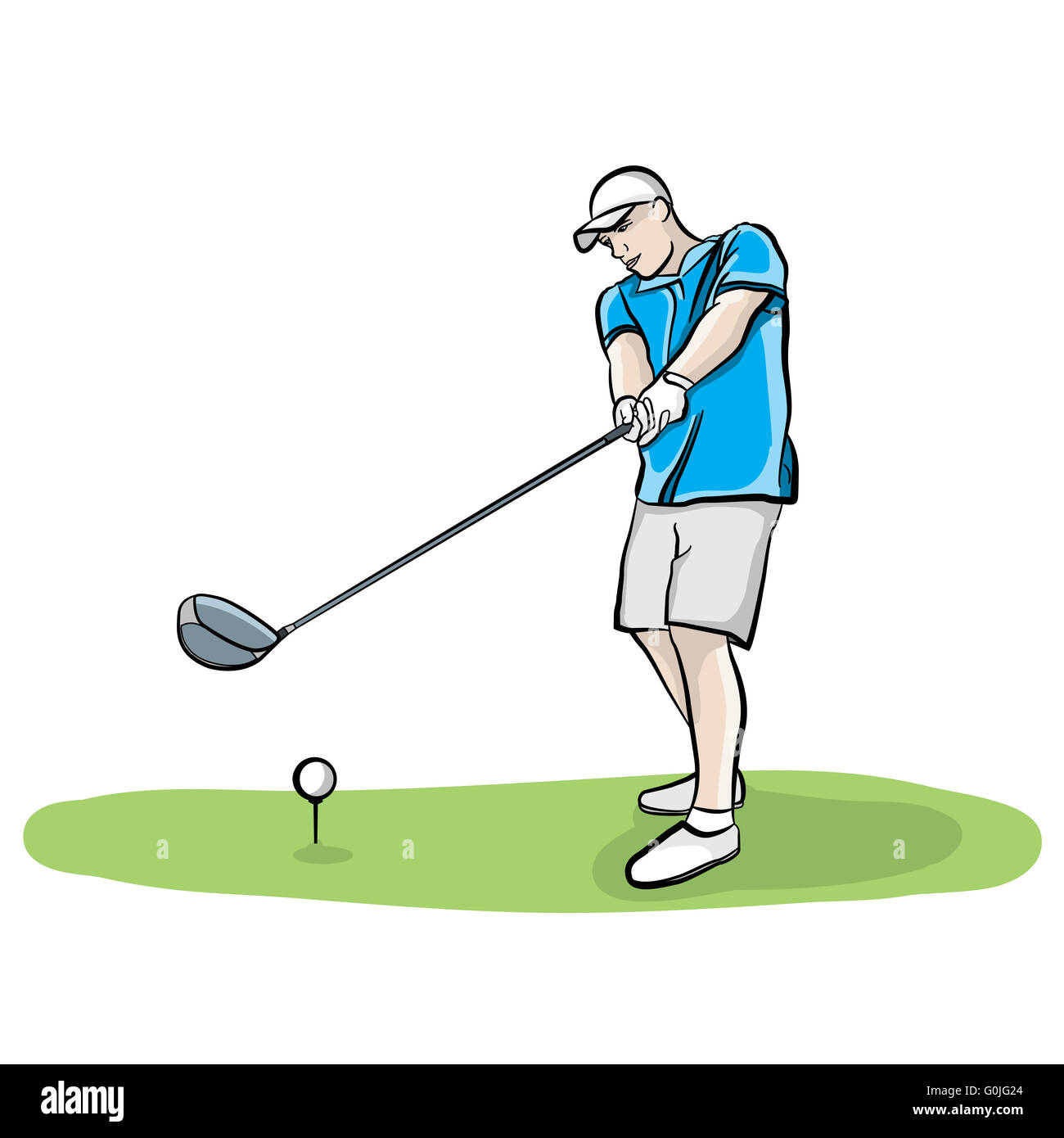 An illustration of a golfer on the tee box hitting a golf ball with a  driver club Stock Photo - Alamy