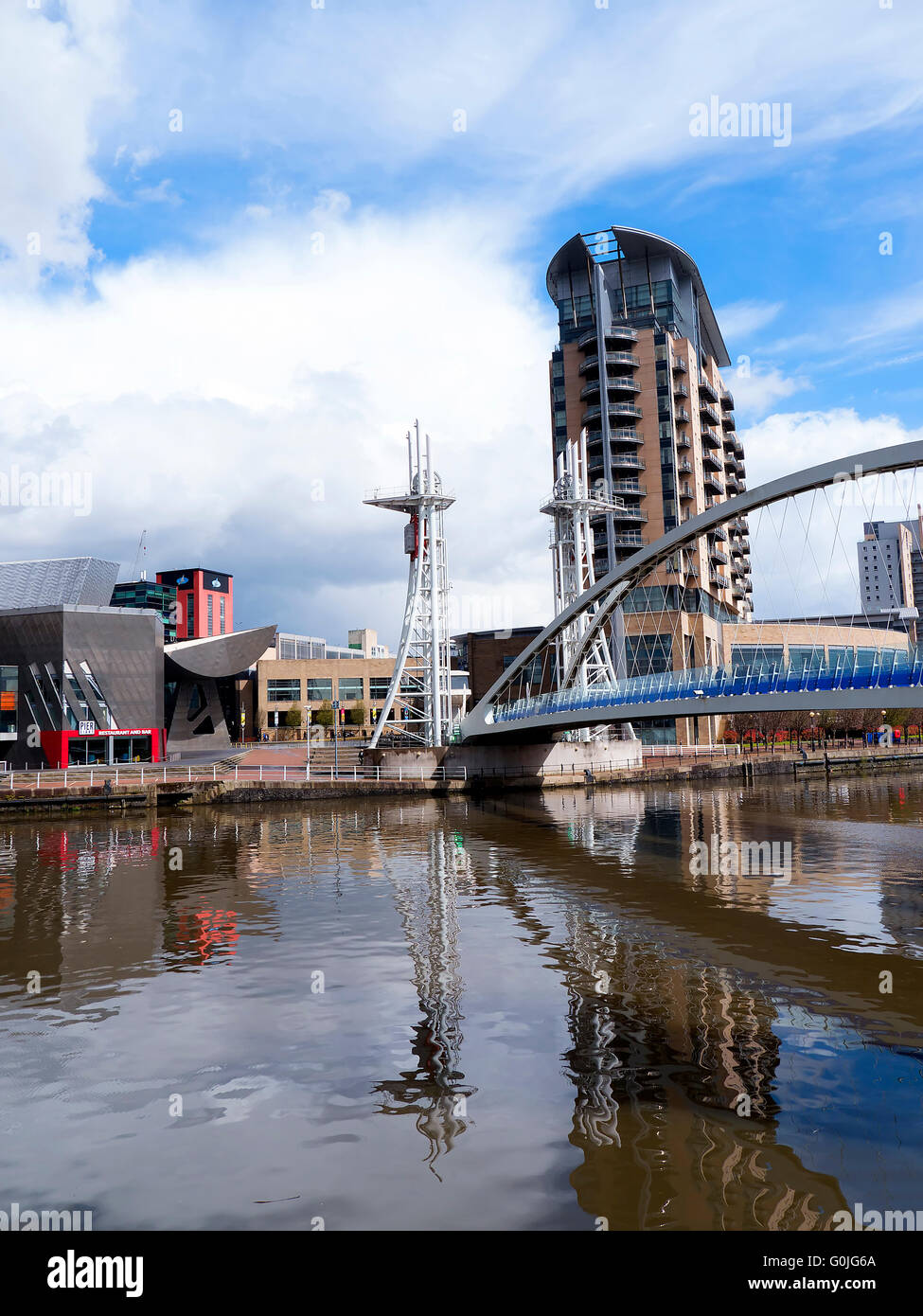 The Salford Quays was once Manchester's Docklands but now it hosts MediacityUK,the Lowry Theatre and the Imperial War Museum Stock Photo