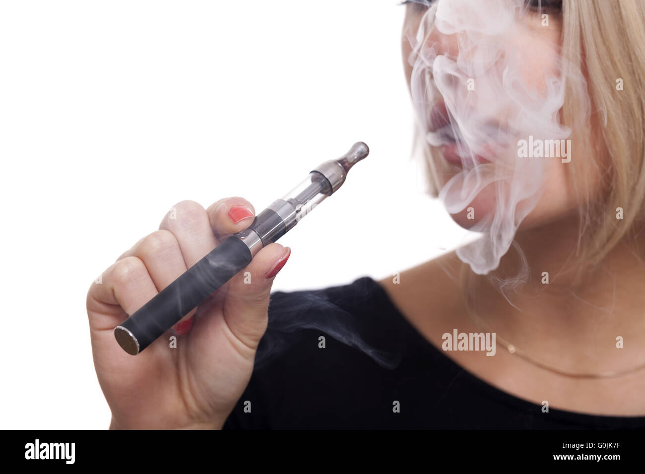 Close up Blond Woman Smoking Using E- Cigarette Stock Photo