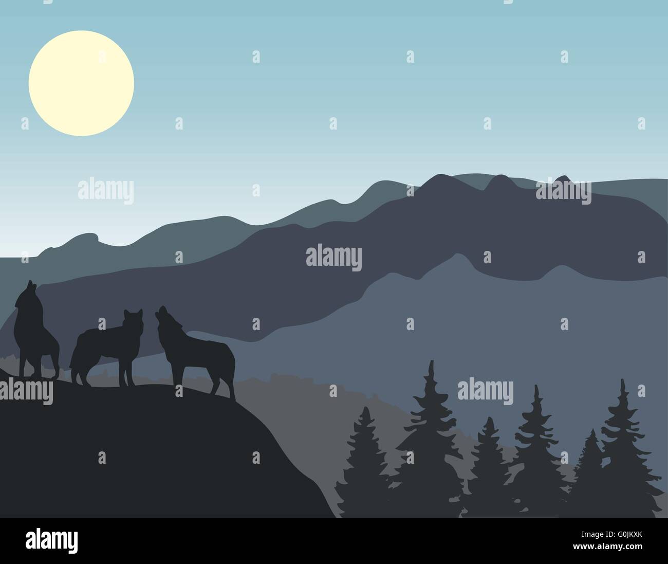 vector illustration of landscape with mountains and wild animals Stock ...