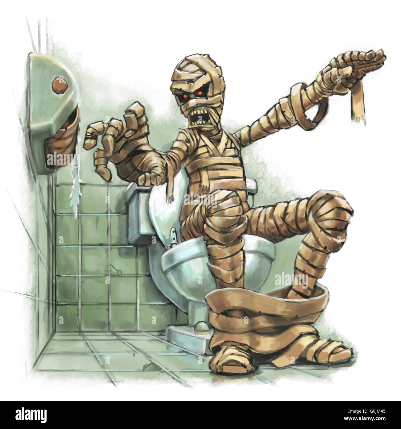 A funny cartoon illustration of a scary mummy sitting on a toilet who suddenly realizes  there is no toilet paper on the roll. Stock Photo