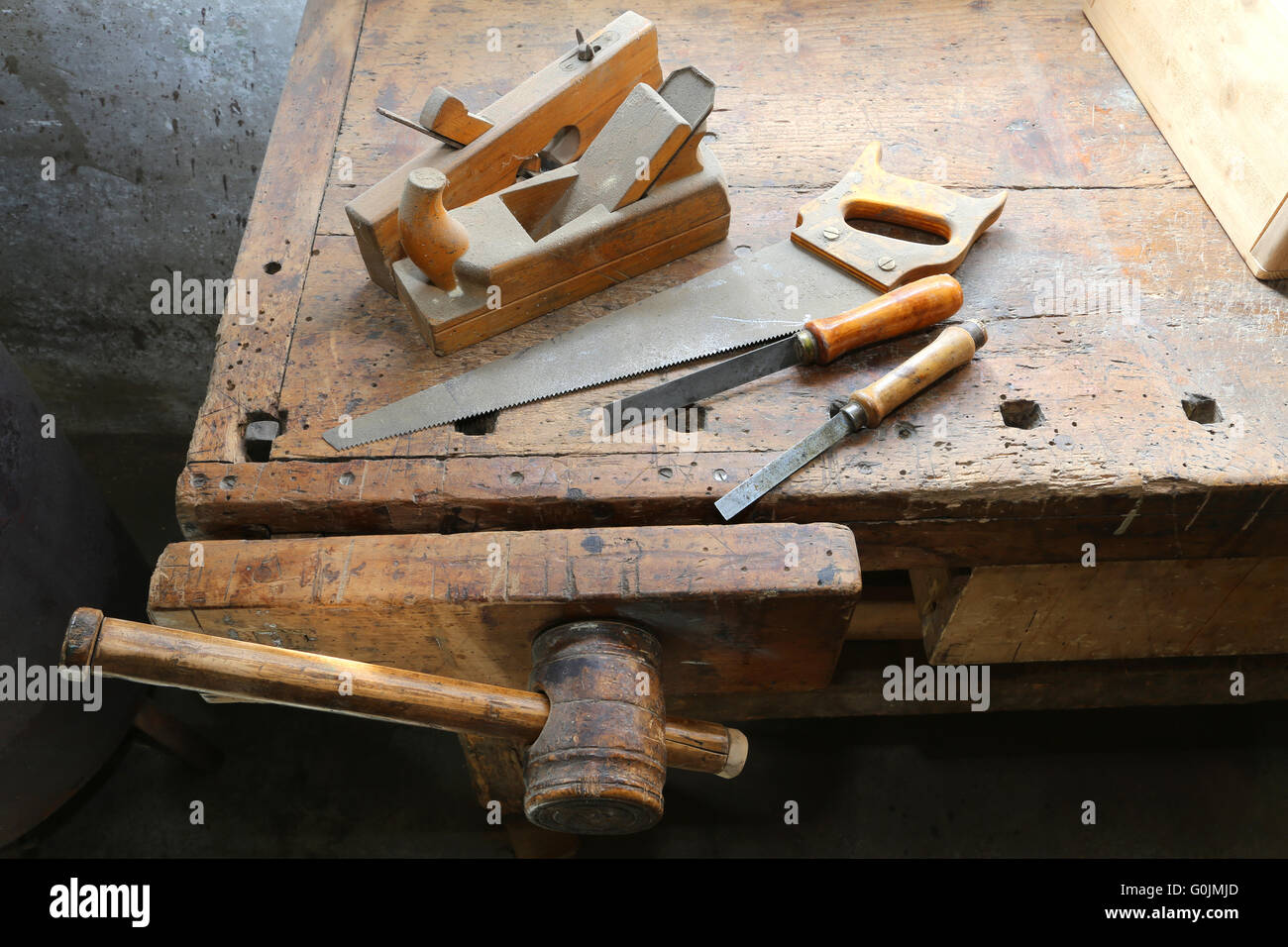 tools  on the Workbench with a wooden grip inside the craftsman joinery manufacturer Stock Photo
