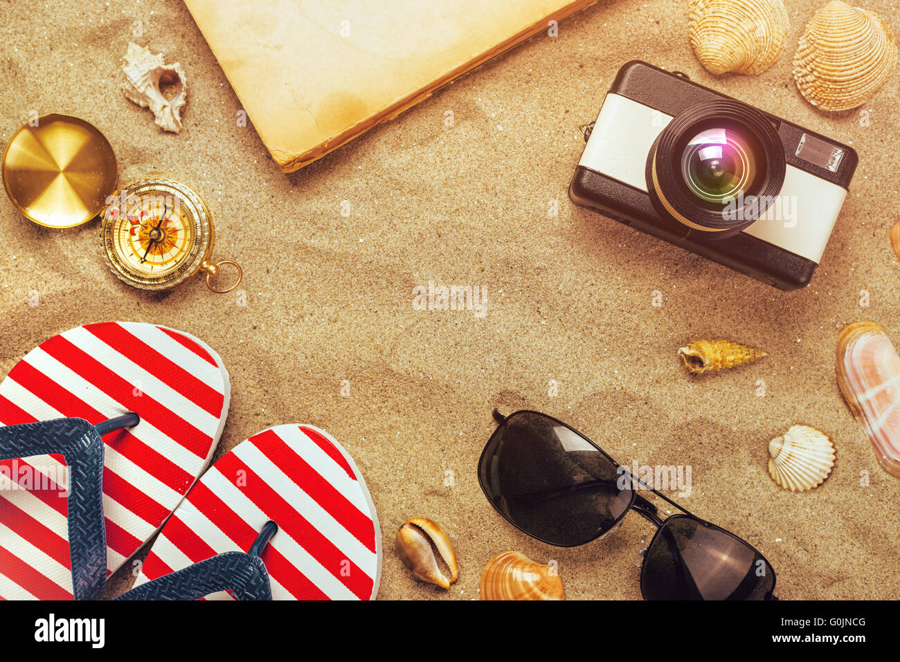 Summer holiday vacation accessories on beach sand, summertime lifestyle