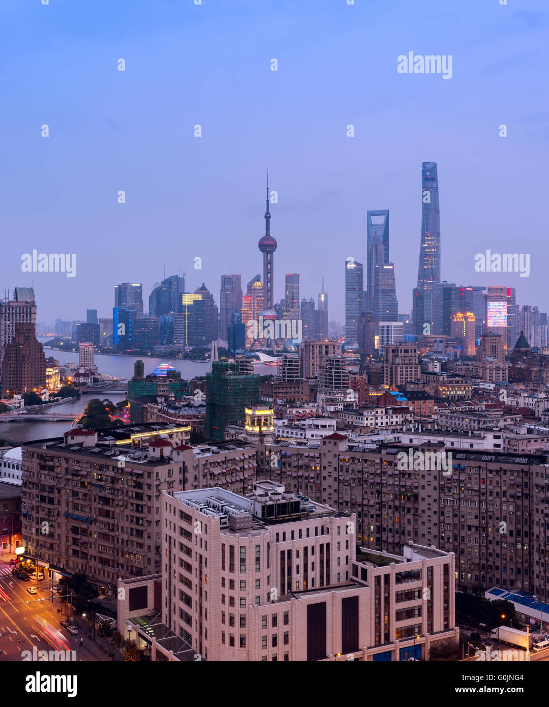 Elevated  view of Shanghai skyline at night. Stock Photo