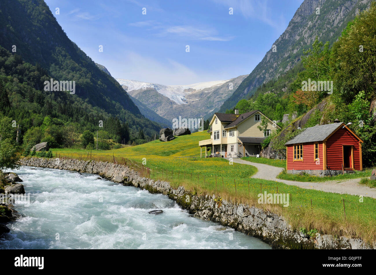 Glacial stream, wooden house, houses, framehouse, Buerdalen, Buer Valley, Odda, Norway Stock Photo