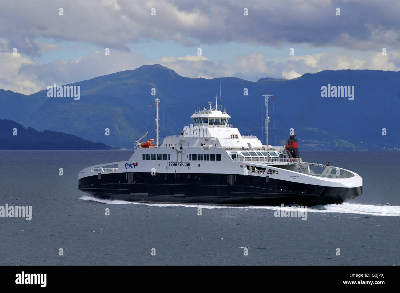 Ferry Bergensfjord, strait between Halhjem and Sandvikvag, Norway Stock Photo