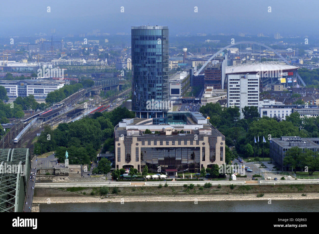 Hyatt Hotel, Lanxess Arena, KolnTriangle, Rheinufer, Rhine, Deutz, Cologne, North Rhine-Westphalia, Germany / Köln, KölnTriangle, LVR-Turm Stock Photo