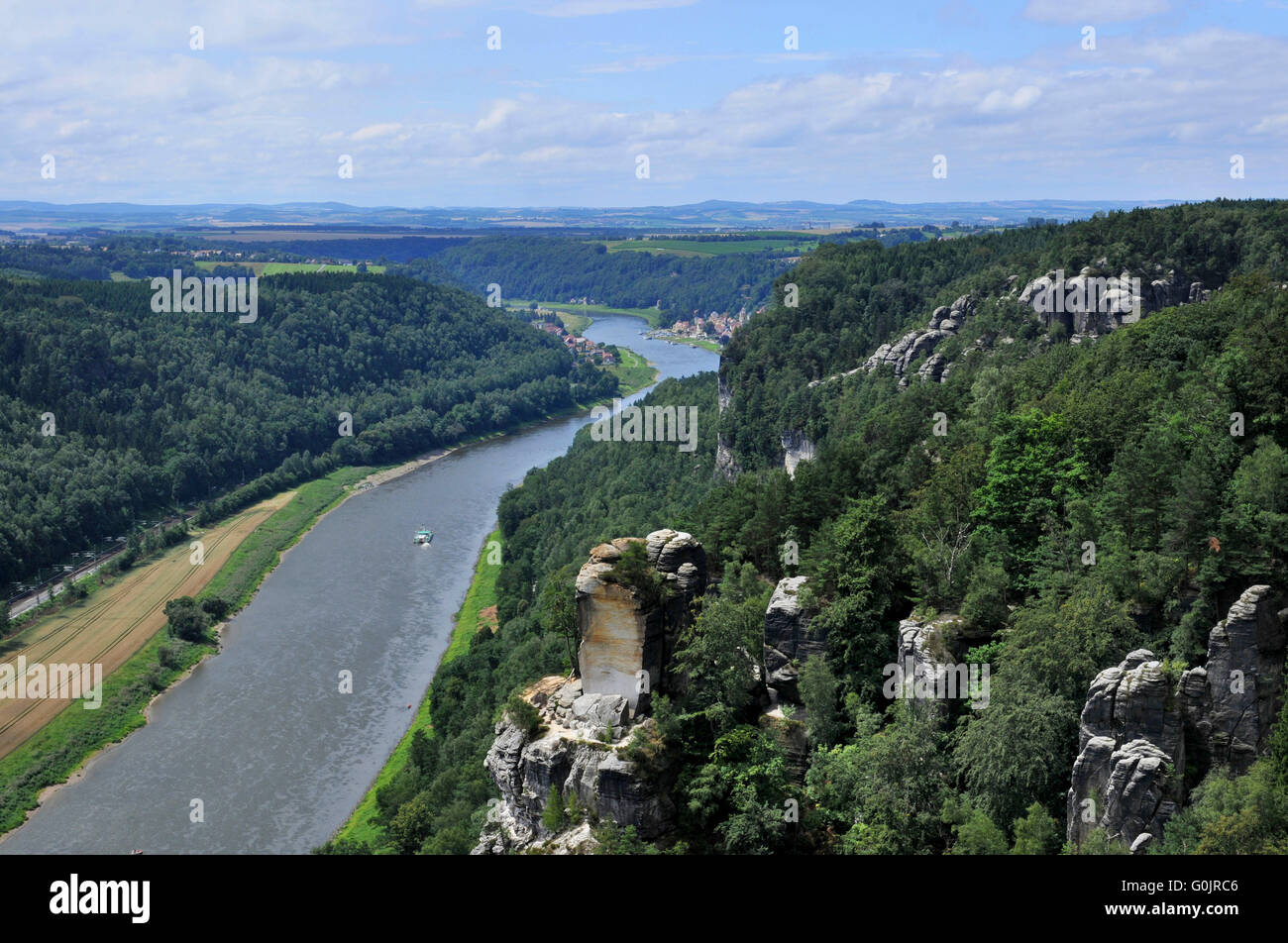 Elbe, Bastei, rock formation, Elbe Sandstone Mountains, Saxon Switzerland National Park, Saxony, Germany / Nationalpark Sachsische Schweiz, Nationalpark Sächsische Schweiz Stock Photo