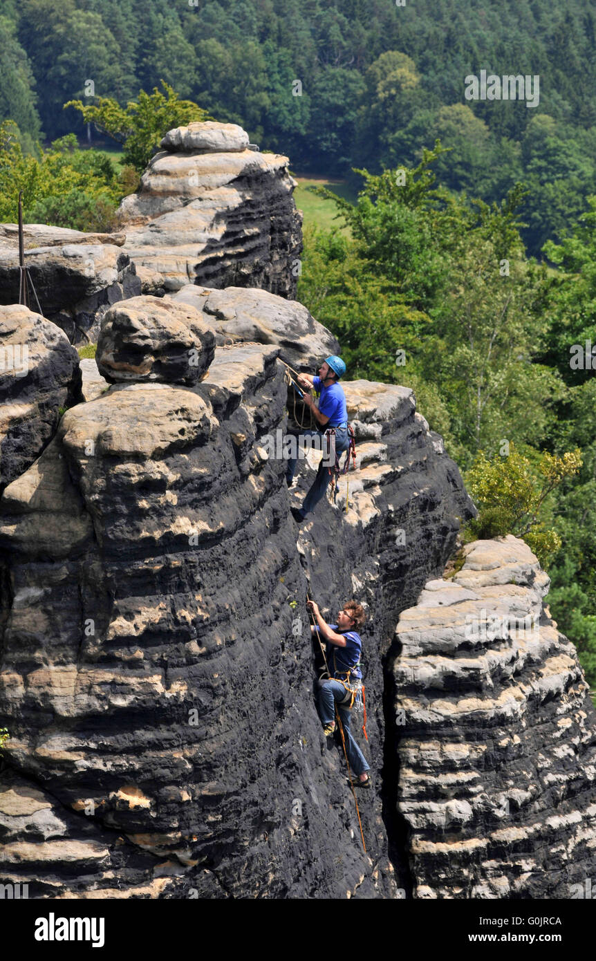 Bastei, climber, rock climbers, rock formation, Elbe Sandstone Mountains, Saxon Switzerland National Park, Saxony, Germany / Nationalpark Sachsische Schweiz, Nationalpark Sächsische Schweiz Stock Photo