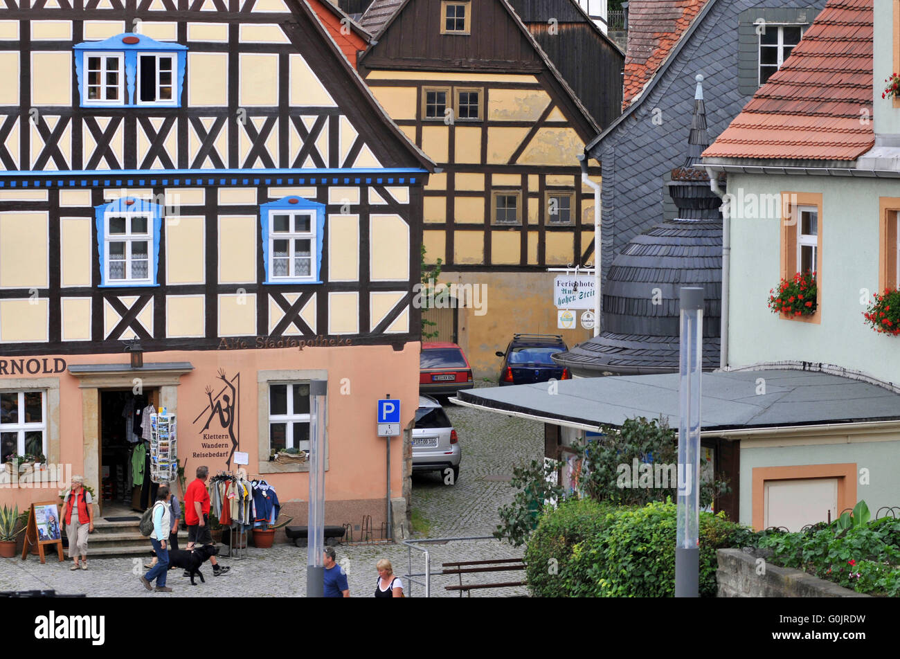 Half-timbered house, half-timber houses, market square, Hohnstein, Saxon Switzerland, Saxony, Germany Stock Photo