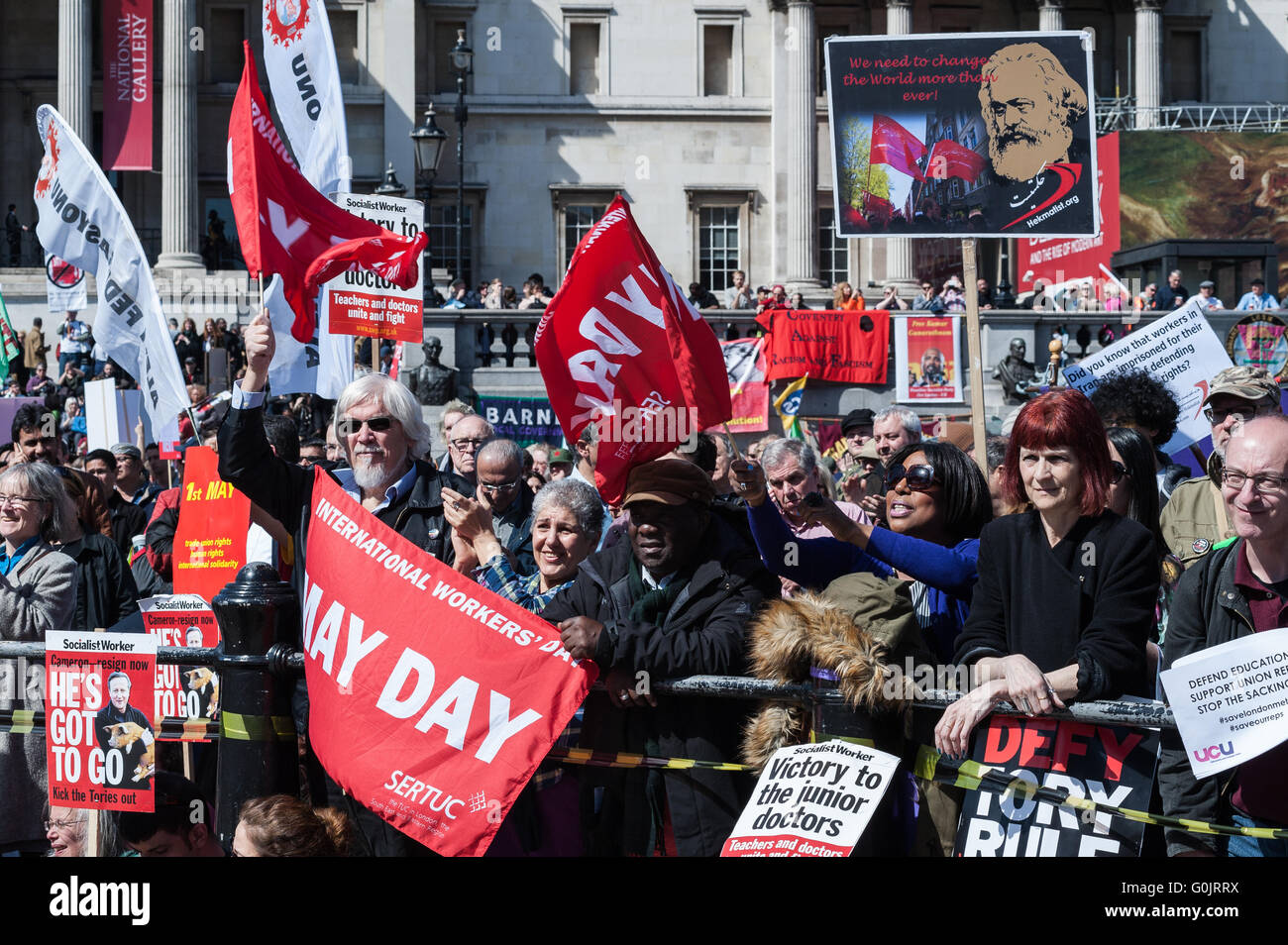 London, UK. 1st May 2016. Workers and trade unions' activists from Britain and around the world gathered at a rally in Trafalgar Square to mark the annual May Day, also know as Labour Day. Unionists and campaigners called for an end to austerity, standing up for human rights and international solidarity in the fight for trade unions' rights. Wiktor Szymanowicz/Alamy Live News Stock Photo