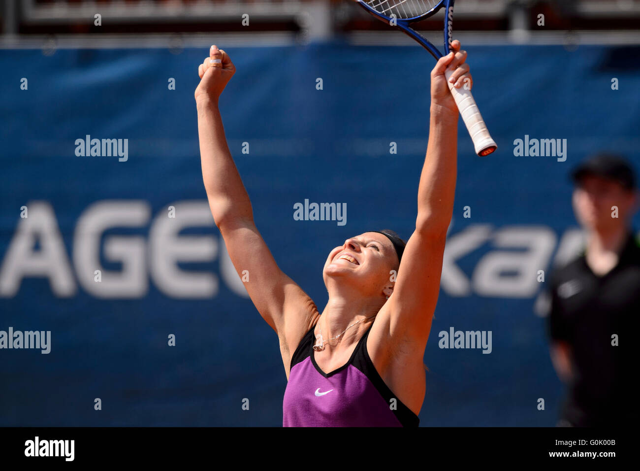 Czech tennis player Lucie Safarova (16th in WTA rankings) defeated Samantha Stosur (25th) in the final of the Prague Open women's tennis tournament, achieving her seventh WTA singles title in Prague, Czech Republic, April 30, 2016. (CTK Photo/Michal Kamaryt) Stock Photo