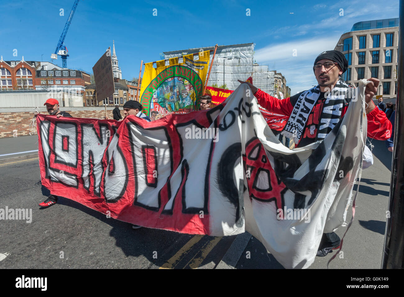 London, UK. 1st May, 2016. Socialists celebrate International Workers Day with a march from Clekenwell Green to Trafalgar Square. Turkish football supporters in London Aarsi on the march. Peter Marshall/Alamy Live News Stock Photo