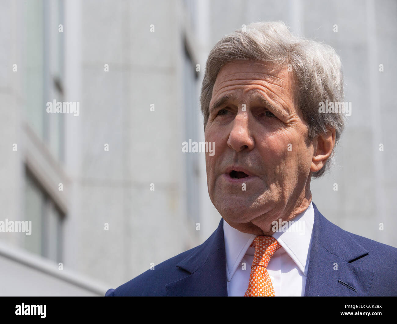 Geneva, Switzerland. 2nd May, 2016. U.S. Secretary of State John Kerry speaks to the media after a meeting with UN Special Envoy for Syria Staffan de Mistura (not pictured) in a hotel in Geneva, Switzerland, May 2, 2016. U.S. Secretary of State John Kerry on Monday urged all parties to the Syrian conflict to end violence and restore the cessation of hostilities during his second day trip here for talks focusing on the Syrian situation. Credit:  Xu Jinquan/Xinhua/Alamy Live News Stock Photo