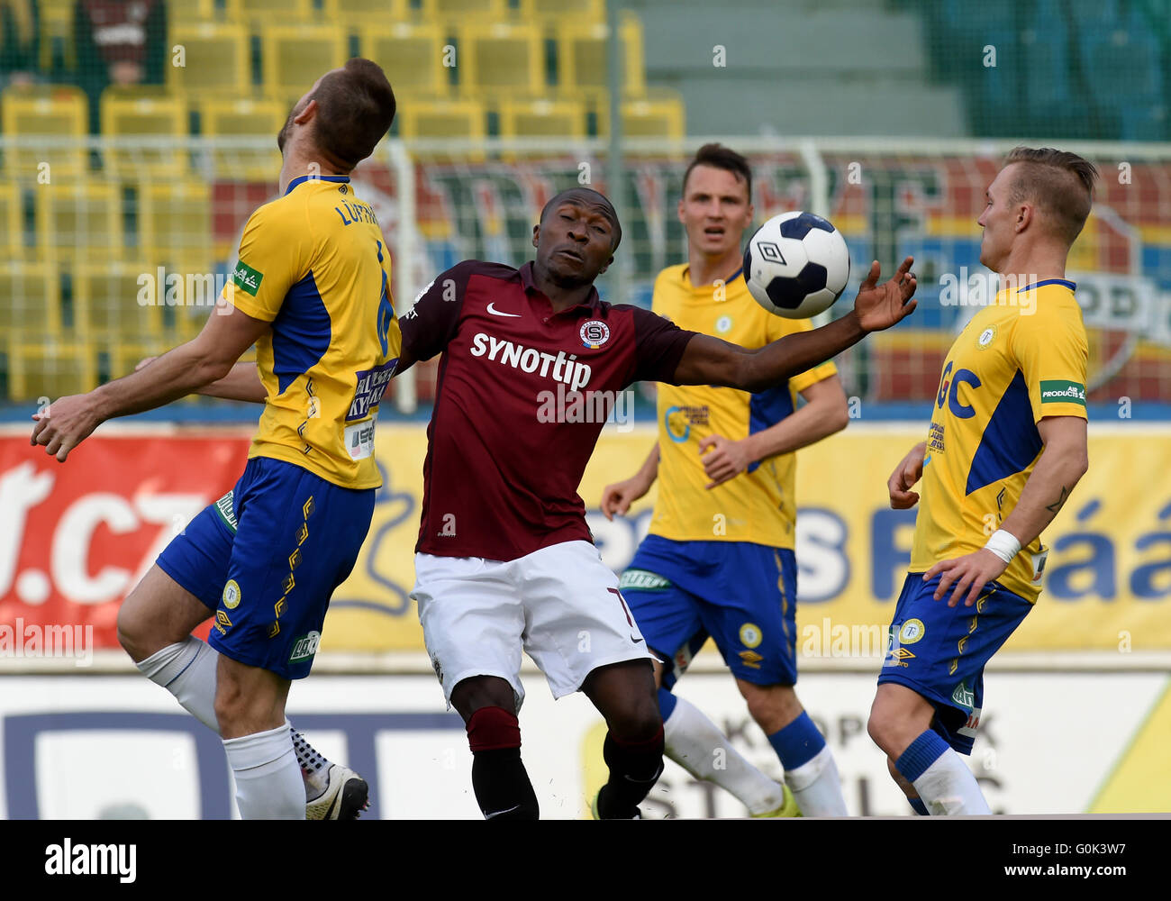 Michael Luftner of Teplice, from left, Kehinde Fatai of Sparta, and Michal  Jerabek and Jakub Hora of Teplice in action during the Czech football  league soccer match FK Teplice vs AC Sparta