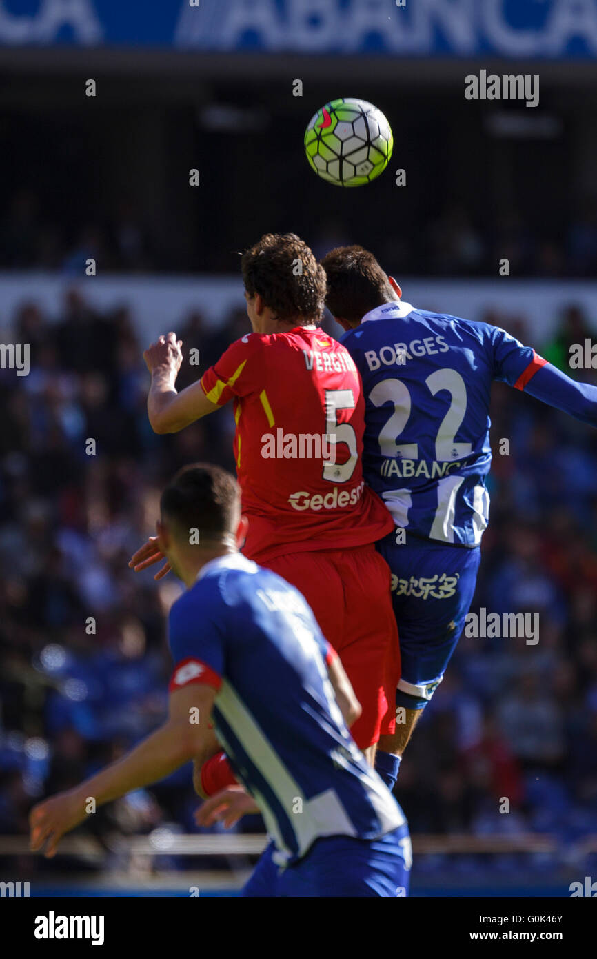 Coruña, Spain. 1st May, 2016. Santiago Vergini (L) and Celso Borges (R) jumps to head the ball during the La Liga BBVA match between RC Deportivo de la Coruña and Getafe CF at Riazor Stadium on May 1, 2016 in A Coruña, Spain. Credit:  Visual&Written SL/Alamy Live News Stock Photo