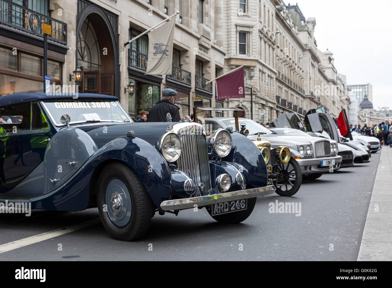 London, UK. 2nd May 2016. A Lagonda Club classic car (fg) and others on
