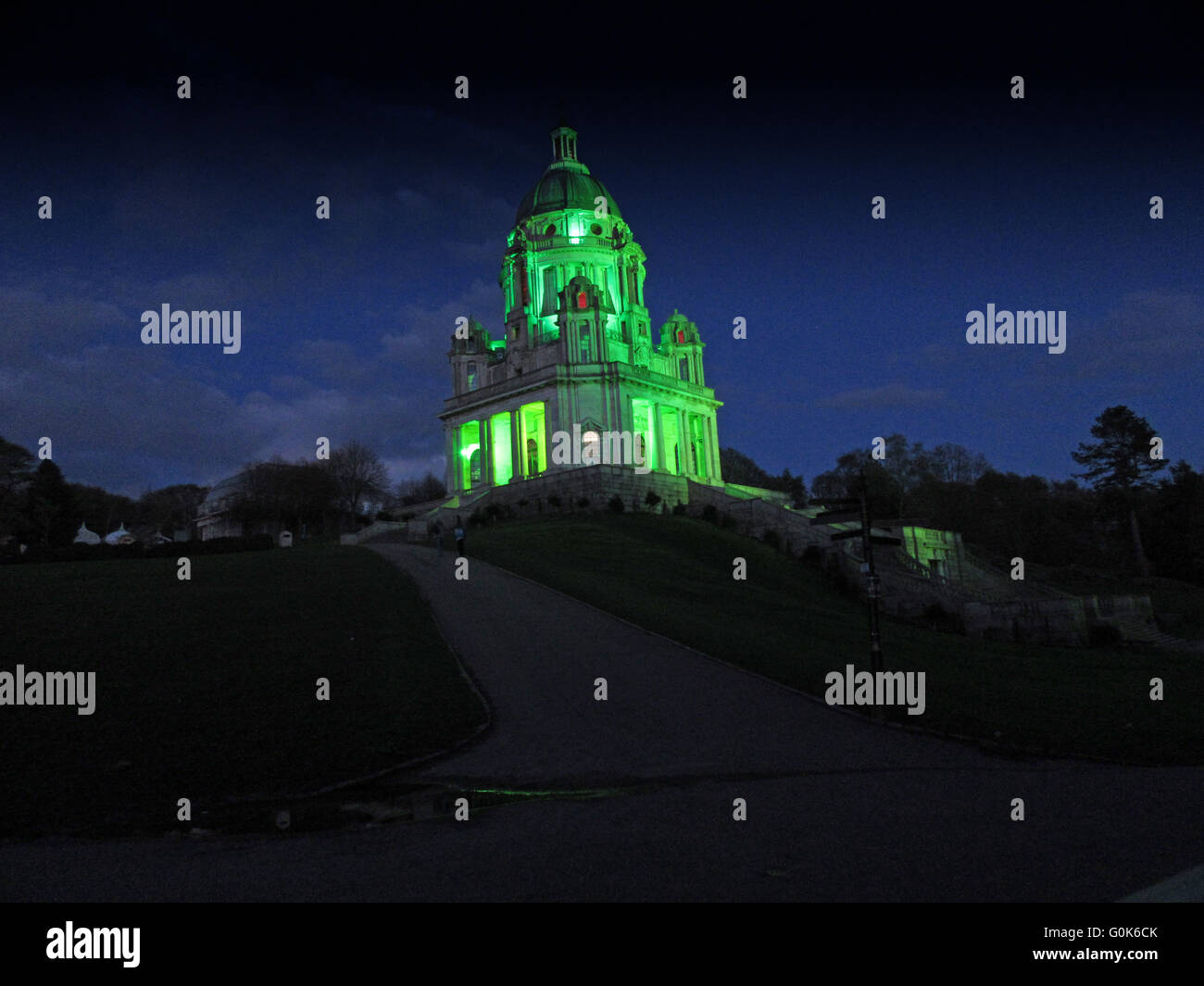 The Ashton Memorial Williamsons Park, Lancaster, UK. 2nd May 2016.   The first two days of May have seen the Ashton Memorial in Williamsons Park in Lancaster has been bathed in Green Light to recognise the work of Lancasters St  Johns Hospice who are celebrating their 30th anniversary. Credit:  David Billinge/Alamy Live News Stock Photo